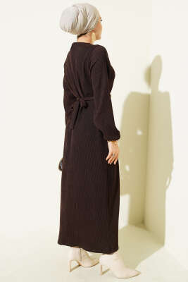 Dik Fitilli Kuşaklı Basic Elbise Kahve - Elbise