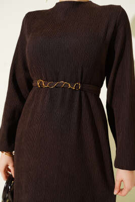 Dik Fitilli Kuşaklı Basic Elbise Kahve - Elbise