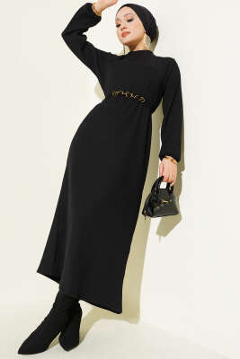 Dik Fitilli Kuşaklı Basic Elbise Siyah - VAV TEKSTİL