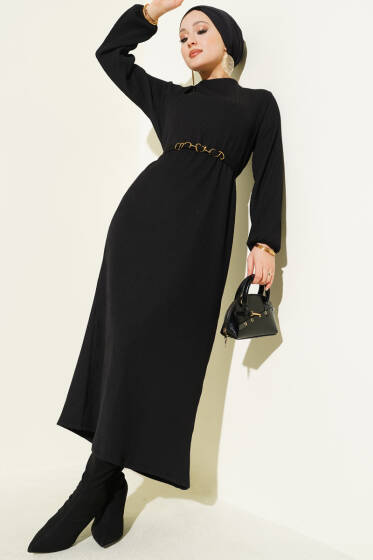 Dik Fitilli Kuşaklı Basic Elbise Siyah - Elbise