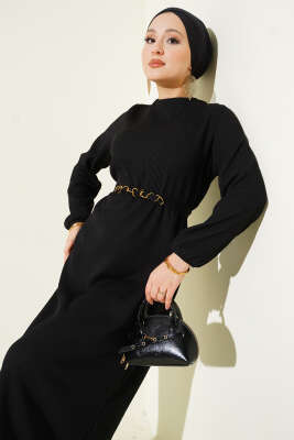 Dik Fitilli Kuşaklı Basic Elbise Siyah - Elbise