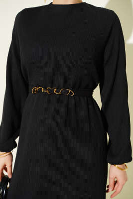 Dik Fitilli Kuşaklı Basic Elbise Siyah - Elbise