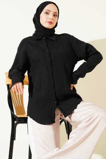 Dik Kabartma Çizgili Basic Gömlek Siyah - Gömlek