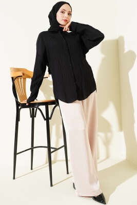 Dik Kabartma Çizgili Basic Gömlek Siyah - Gömlek