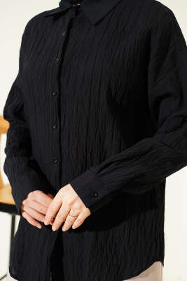 Dik Kabartma Çizgili Basic Gömlek Siyah - Gömlek