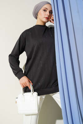 Dik Şerit Taşlı Loyşa Tunik Füme - DESTİNA