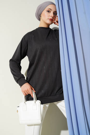 Dik Şerit Taşlı Loyşa Tunik Füme - Tunik