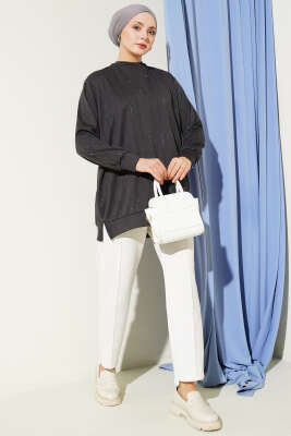 Dik Şerit Taşlı Loyşa Tunik Füme - Tunik