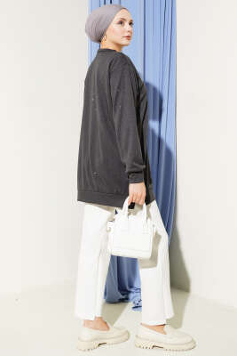 Dik Şerit Taşlı Loyşa Tunik Füme - Tunik