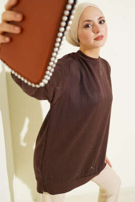 Dik Şerit Taşlı Loyşa Tunik Kahve - DESTİNA