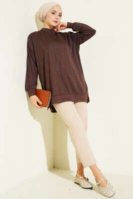 Dik Şerit Taşlı Loyşa Tunik Kahve - Tunik