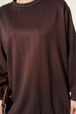 Dik Şerit Taşlı Loyşa Tunik Kahve - Tunik