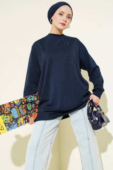 Dik Şerit Taşlı Loyşa Tunik Lacivert - Tunik