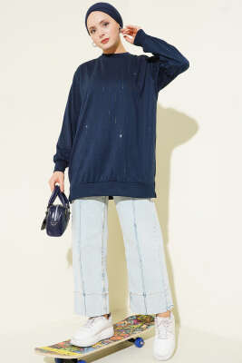 Dik Şerit Taşlı Loyşa Tunik Lacivert - Tunik