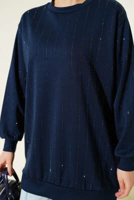 Dik Şerit Taşlı Loyşa Tunik Lacivert - Tunik