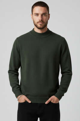 Dik Yaka Basic Erkek Triko Kazak Haki - ASRIN TRİKO