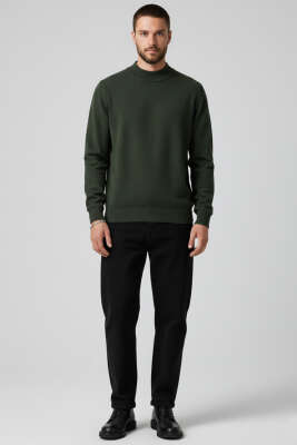 Dik Yaka Basic Erkek Triko Kazak Haki - Erkek Kazak