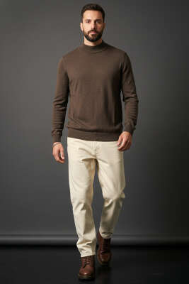 Dik Yaka Basic Erkek Triko Kazak Kahve - Erkek Kazak