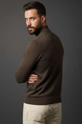 Dik Yaka Basic Erkek Triko Kazak Kahve - Erkek Kazak