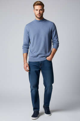 Dik Yaka Basic Erkek Triko Kazak Mavi - Erkek Kazak