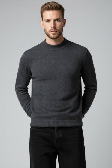 Dik Yaka Basic Erkek Yün Kazak Antrasit - Erkek Kazak