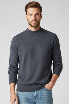 Dik Yaka Basic Erkek Yün Kazak Füme 