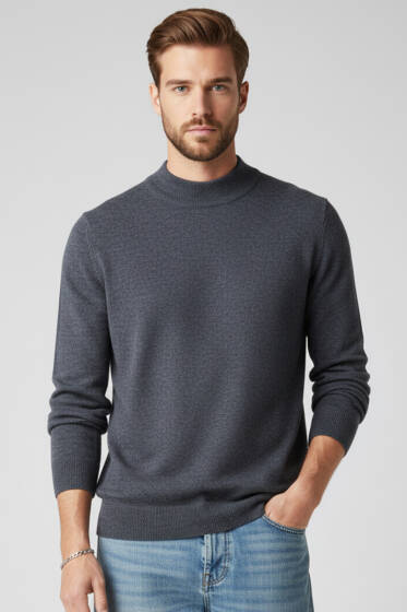 Dik Yaka Basic Erkek Yün Kazak Füme - Erkek Kazak