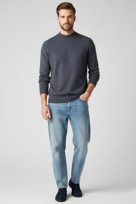 Dik Yaka Basic Erkek Yün Kazak Füme - Erkek Kazak