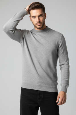 Dik Yaka Basic Erkek Yün Kazak Gri 