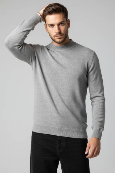 Dik Yaka Basic Erkek Yün Kazak Gri - Erkek Kazak