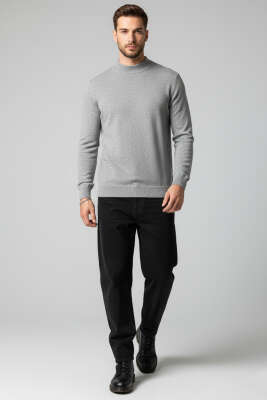 Dik Yaka Basic Erkek Yün Kazak Gri - Erkek Kazak