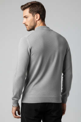 Dik Yaka Basic Erkek Yün Kazak Gri - Erkek Kazak