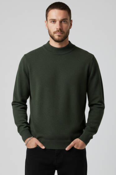 Dik Yaka Basic Erkek Yün Kazak Haki - Erkek Kazak