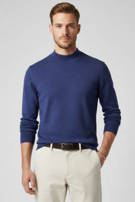 Dik Yaka Basic Erkek Yün Kazak İndigo 