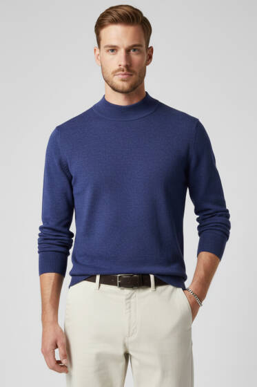 Dik Yaka Basic Erkek Yün Kazak İndigo - Erkek Kazak