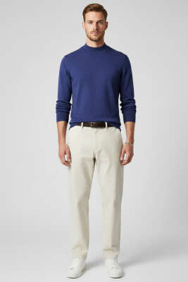 Dik Yaka Basic Erkek Yün Kazak İndigo - Erkek Kazak