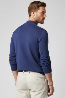 Dik Yaka Basic Erkek Yün Kazak İndigo - Erkek Kazak