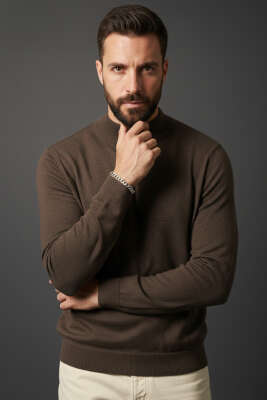 Dik Yaka Basic Erkek Yün Kazak Kahve 