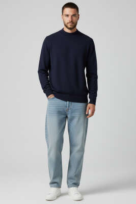 Dik Yaka Basic Erkek Yün Kazak Lacivert - Erkek Kazak