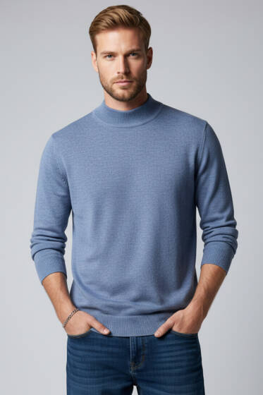 Dik Yaka Basic Erkek Yün Kazak Mavi - Erkek Kazak