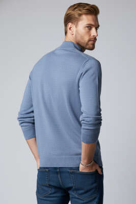 Dik Yaka Basic Erkek Yün Kazak Mavi - Erkek Kazak