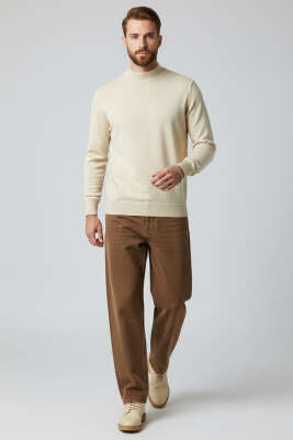 Dik Yaka Basic Triko Erkek Kazak Taş - Erkek Kazak