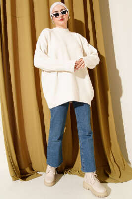 Dik Yaka Basic Yumoş Triko Tunik Bej - Tunik