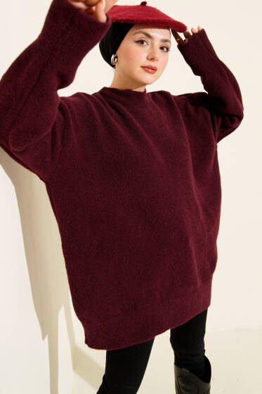 Dik Yaka Basic Yumoş Triko Tunik Bordo - Tunik