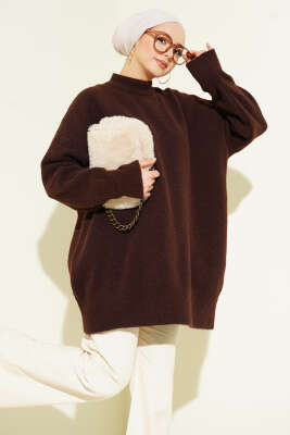 Dik Yaka Basic Yumoş Triko Tunik Kahve - VANİZA TRİKO