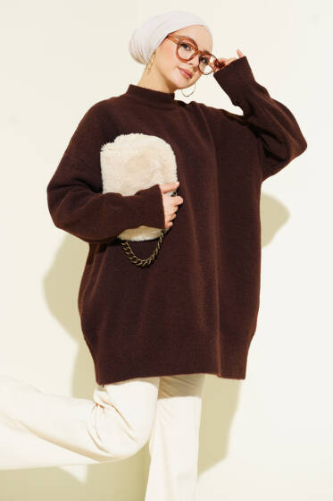 Dik Yaka Basic Yumoş Triko Tunik Kahve - Tunik
