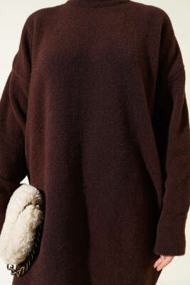 Dik Yaka Basic Yumoş Triko Tunik Kahve - Tunik