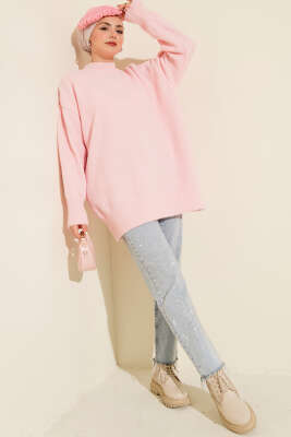 Dik Yaka Basic Yumoş Triko Tunik Pembe - Tunik