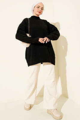 Dik Yaka Basic Yumoş Triko Tunik Siyah - Tunik