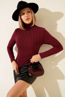 Dik Yaka Büzgü Fitilli Bluz Bordo - Kadın Giyim Modelleri